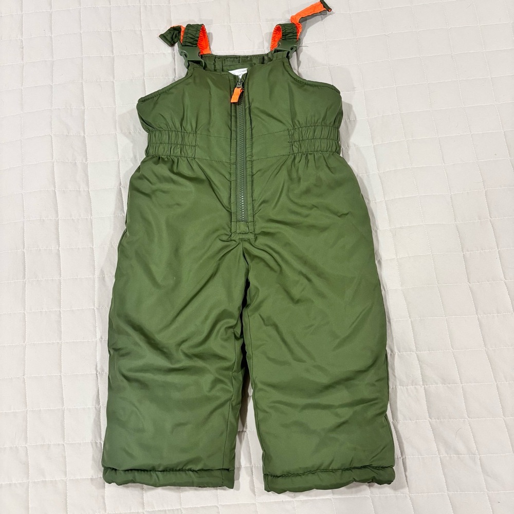 Carter's Olive Green Kids Overalls Snowsuit Winter Suit with Orange Accents 24M